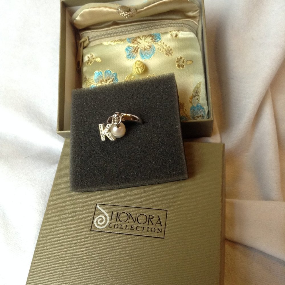 Honora 9.0mm Cultured Pearl & Initial Charm Ring, Sterling.   K Initial Size 10